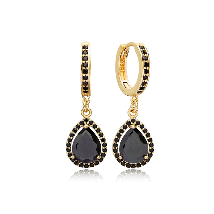 Gold hoop earrings with black pear shape CZ stone 