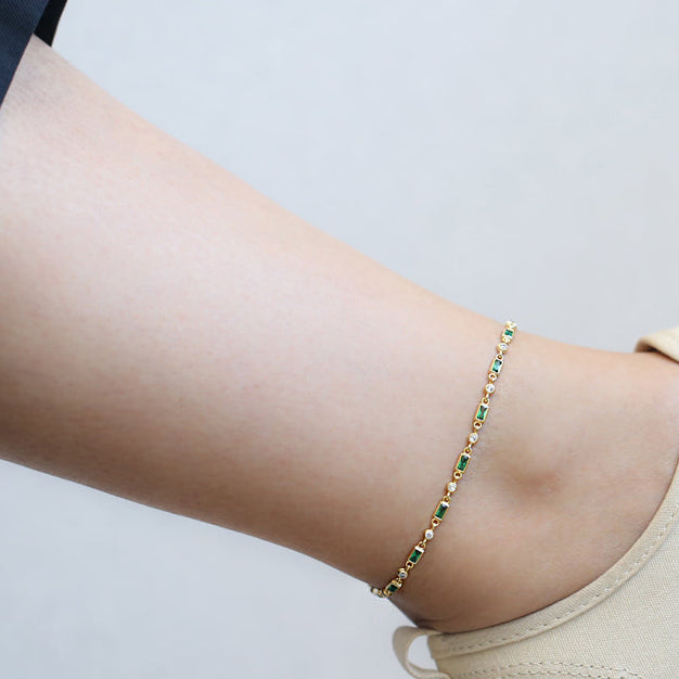Gold anklet with green stones Emerald 