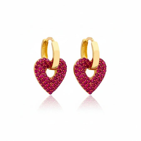 Heart-shaped earrings with gold hoop and red gemstones 
