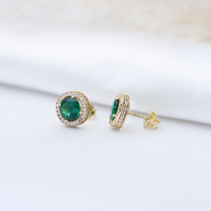 Gold earrings with green gemstones emerald colour and CZ stone 