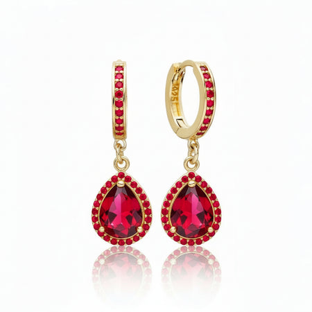 Gold hoop earrings with red CZ stone