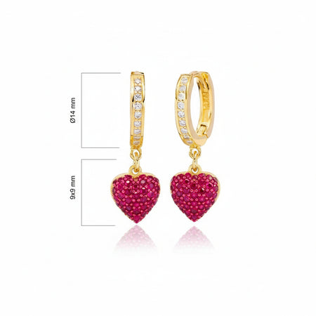 Gold hoop earrings with red heart-shaped charm