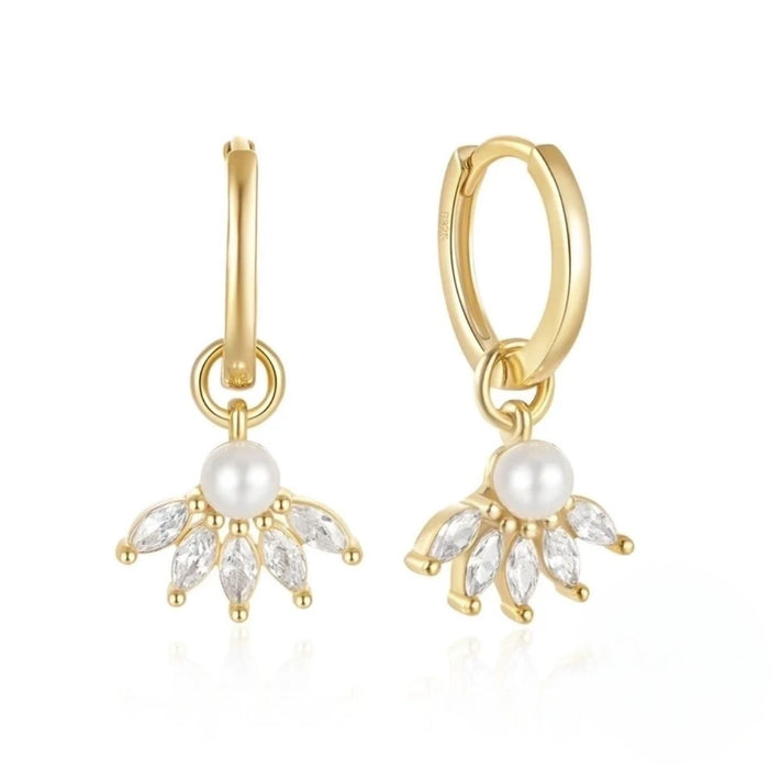 Gold hoop earrings with imitation  pearl and gemstone accents 