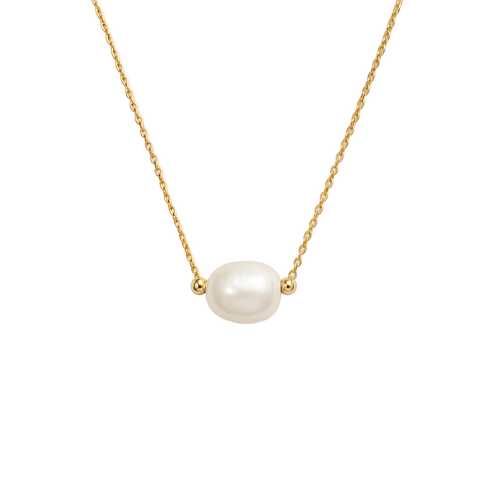 Gold  and rhodium plated necklace with a single pearl pendant. 