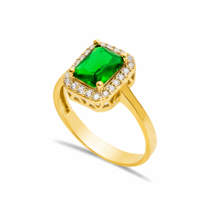 Rectangular Emerald CZ Halo Ring