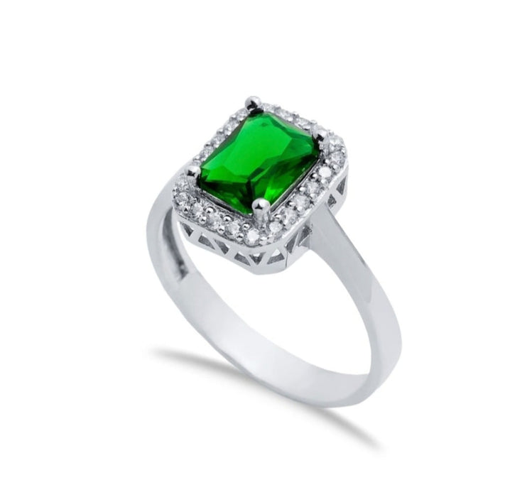 Rectangular Emerald CZ Halo Ring