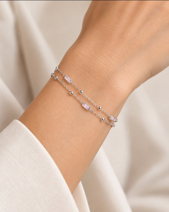 Double Layer Pink CZ Sterling Silver Bracelet