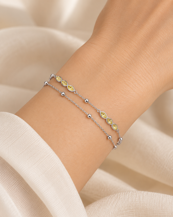 Almond Citrine Double Layer Sterling Silver Bracelet