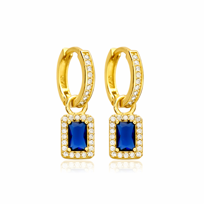 Blue Sapphire CZ Halo Drop Hoop Earrings