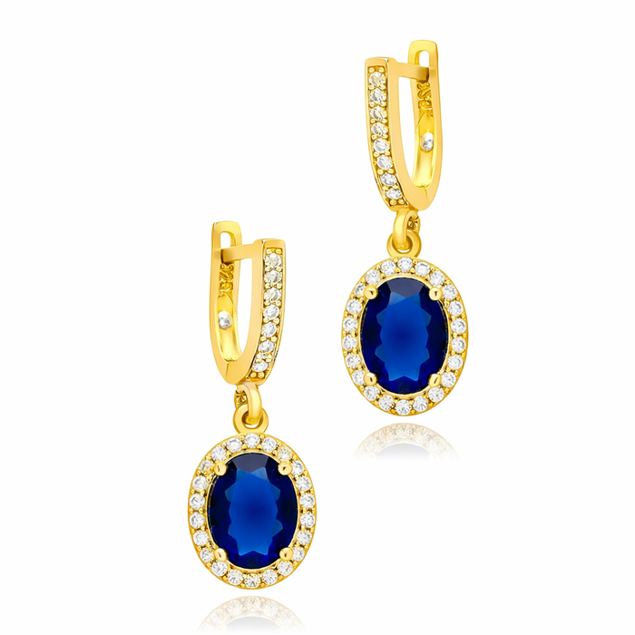 Oval Blue Halo Drop Earrings